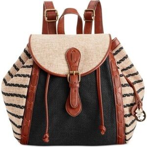 Lucky Brand The Kendall Striped Woven Drawstring Backpack Purse Linen Bag